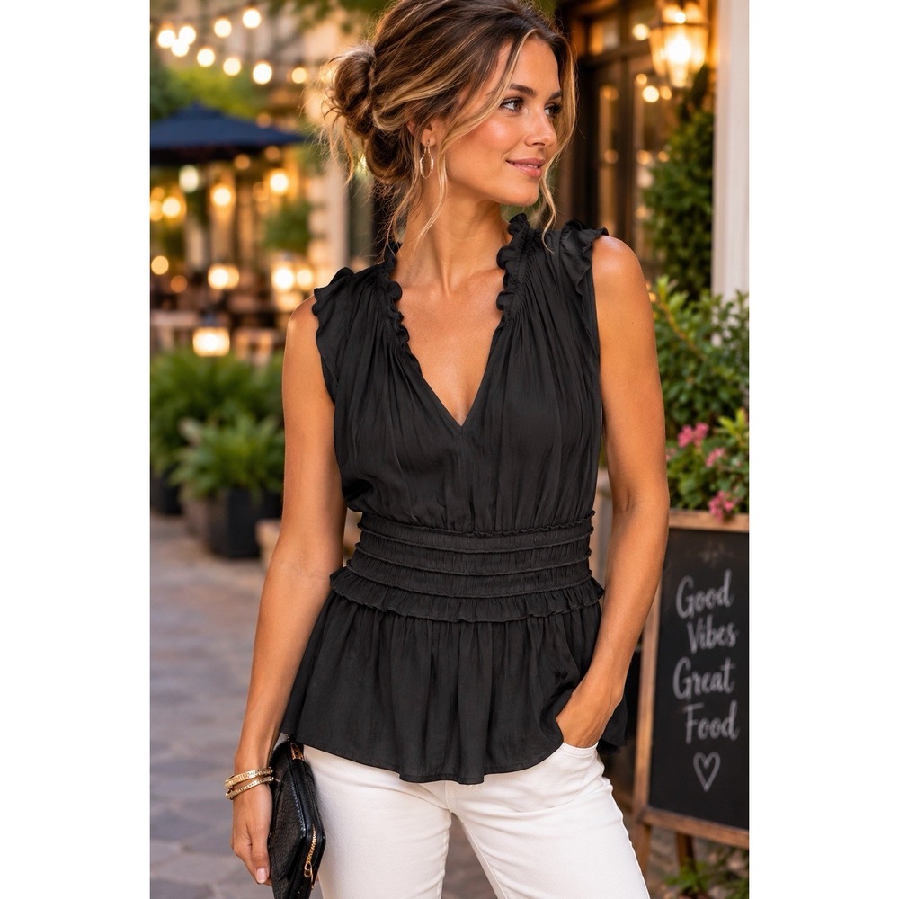 White House Black Market Women's Small Black Ruffle Peplum Sleeveless Blouse